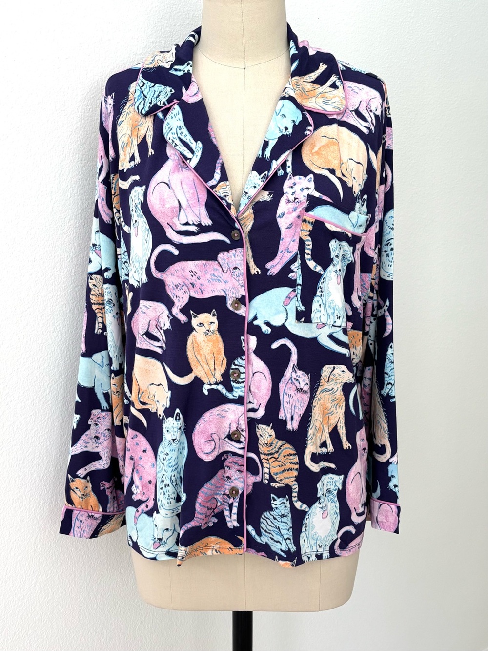 Anthropologie LyreBird ModaLuxe Long Sleeve Pajama Shirt NWT Dog Cat Print M